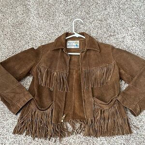 VINTAGE PIONEER WEAR Brown leather Fringe Kids Jacket from 1960’s s sz 12
